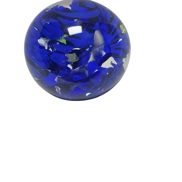 Cobalt Blue Striped Swirl Gold Flaked Glass Paperweight Bubbles - Artist Signed - Picture 11 of 14